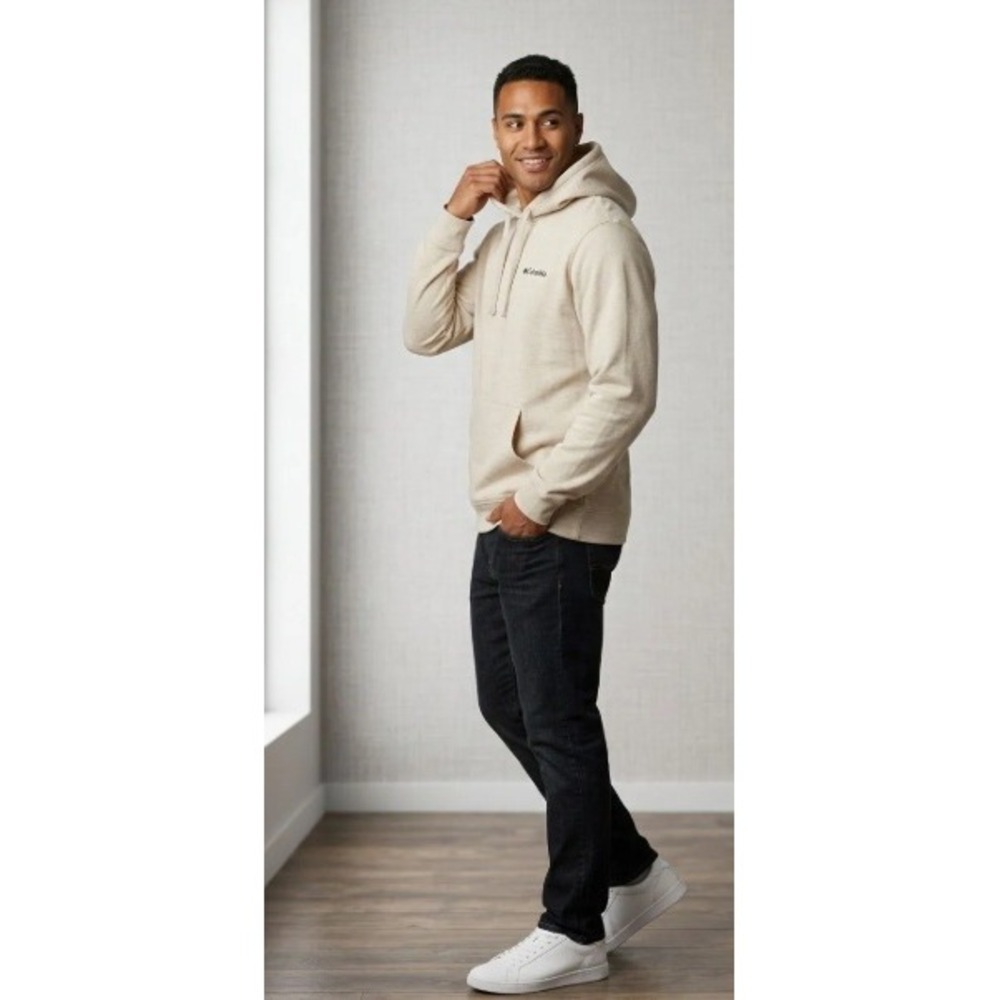 Columbia Portland Oregon Beige Hoodie Sweatshirt Size L with back graphic